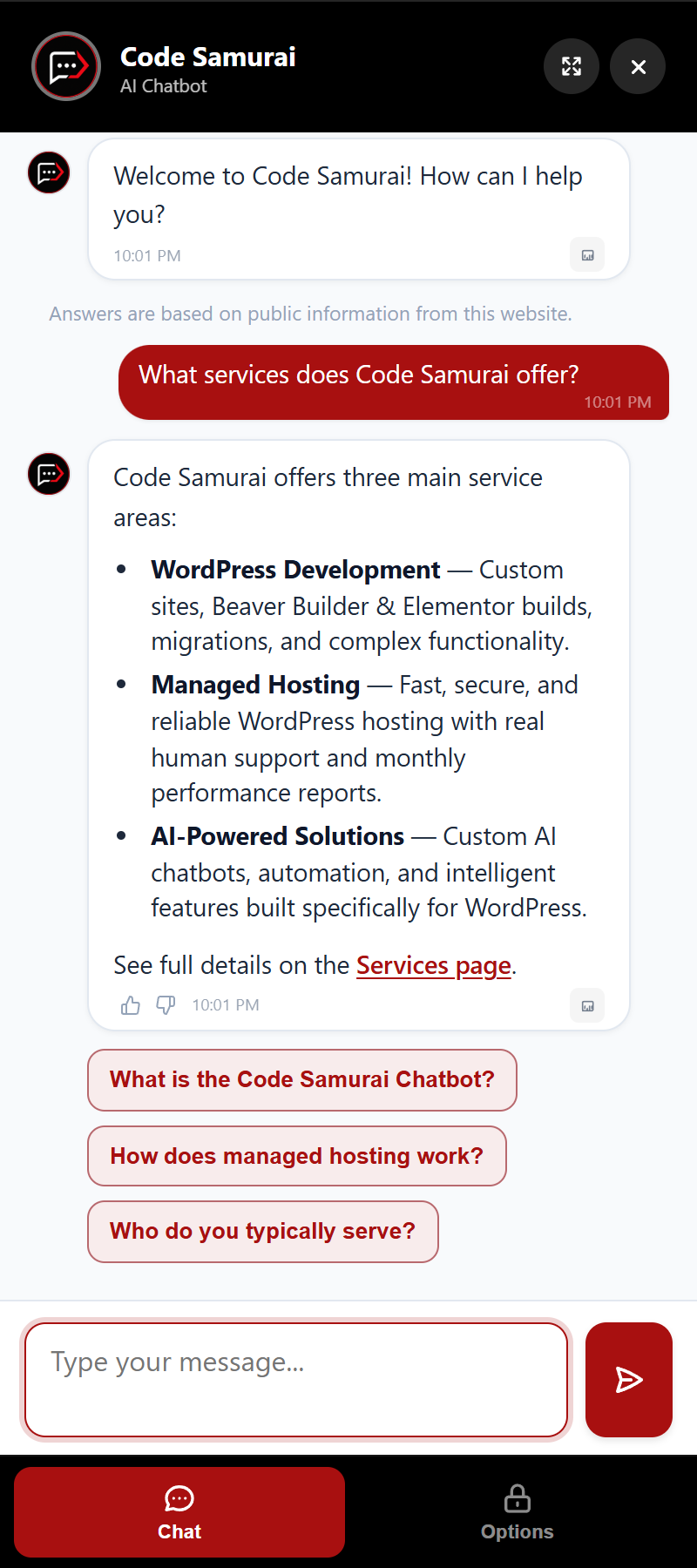 Code Samurai chatbot answering what services the company offers