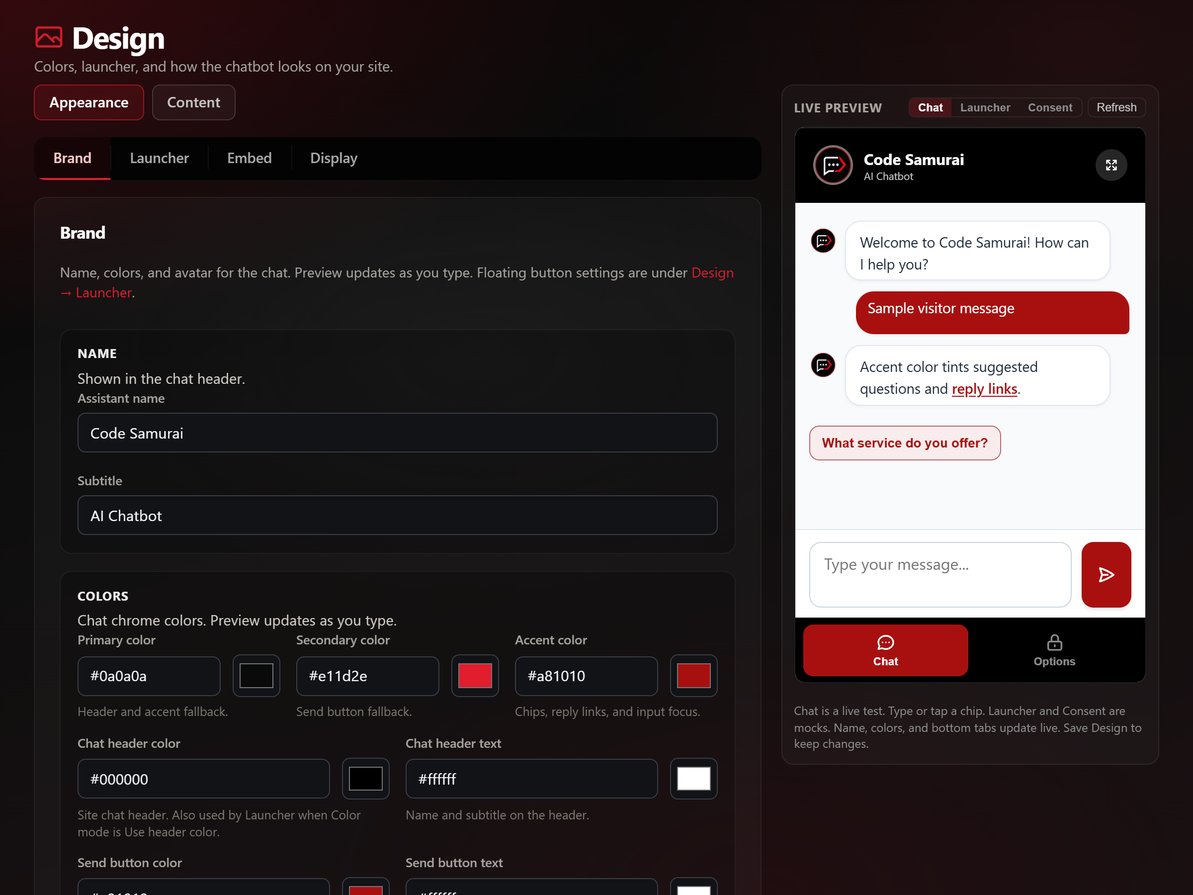 Design page with name, colors, and a live preview